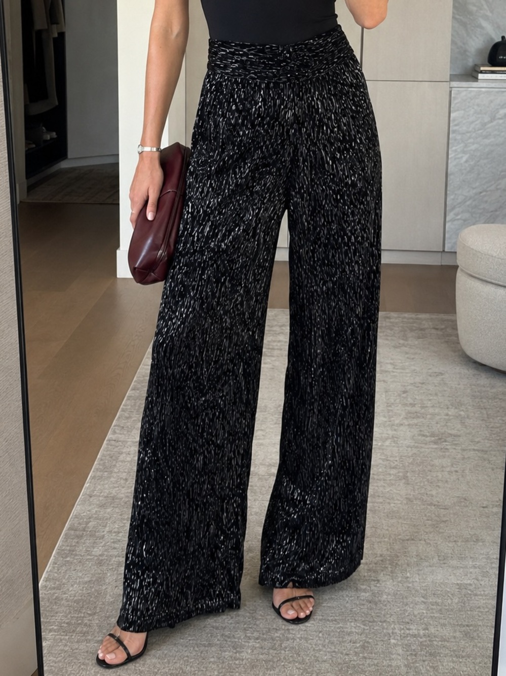 H&M Black Velvet Burnout Sheer Wide Leg Pants Size 4